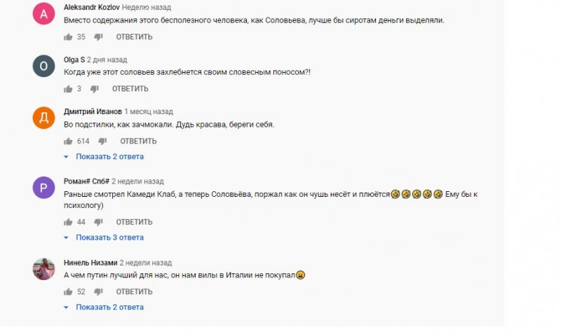 Мнение народа о Владимире Соловьёве. Источник: YouTube.com