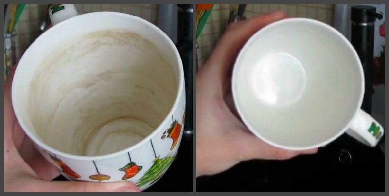 Разница одной и той же чашки «до» мытья самодельным средством и «после»\Источник: YouTube Victoria Budko