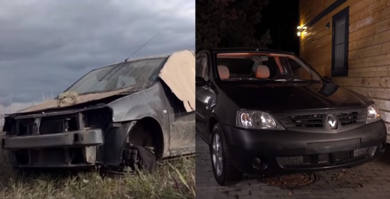 Фото: Renault Logan до ремонта и после, источник: скриншоты с YouTube-канала «ПриветТачка»