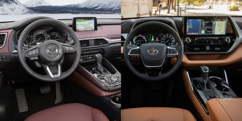 Фото: Слева — салон Mazda CX-9, справа — салон Toyota Highlander, источник: Mazda, Toyota