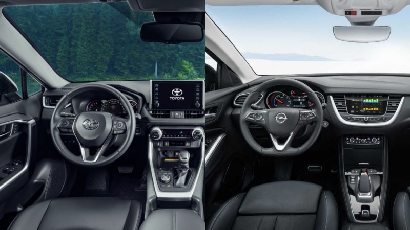 Фото: Салон слева — Toyota RAV4, справа — Opel Grandland X, источник: Toyota, Opel